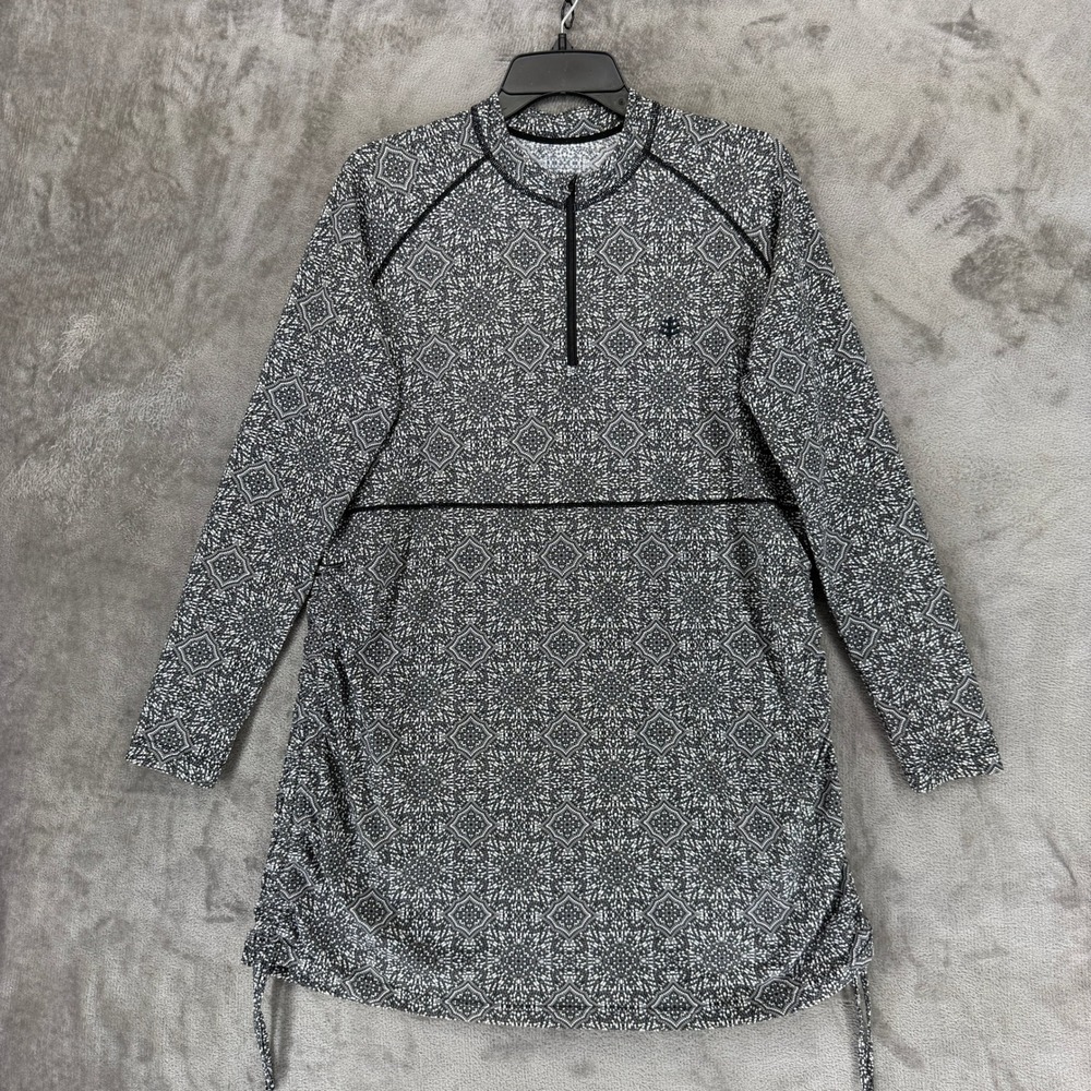 Coolibar Swim Tunic Women XL Black White Geometric 1/4 Zip UPF 50+ Rash Guard